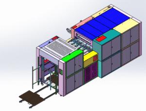 3D technical diagram of a fully automatic die-cutting machine foundation, clearly showing load-bearing structures, utility routing (power/water/air), and installation anchor points to guide factory floor construction and precise equipment positioning.