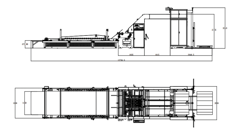 General assembly drawing of fully automatic high-speed laminating machine (DS-1450S), with detailed dimension markings of each part of the equipment, providing technical basis for equipment transportation, installation, and maintenance.