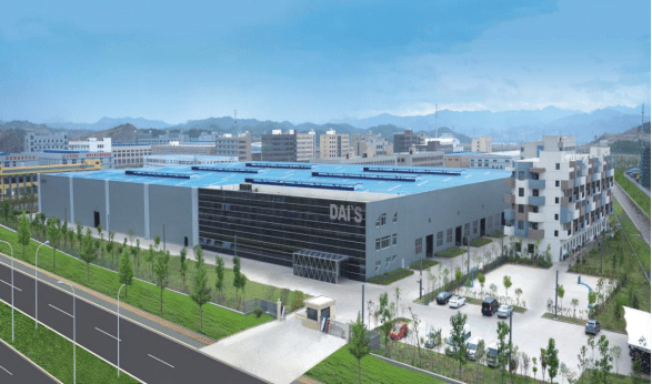 Aerial view of DAI'S modern industrial facility manufacturing fully automatic die-cutting machines, high-speed paper cutting machines, and automatic laminating machines for the packaging industry.