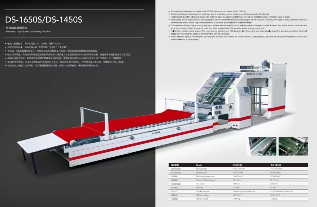 DAI’S fully automatic laminator with computerized high-speed system (10,000 sheets/hour), featuring four forward suction nozzles, E-type low-platform feeder, precision glue coating, servo-driven alignment compensation, and CE-compliant PLC HMI control panel.