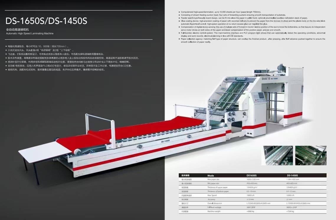 DAI’S fully automatic laminator with computerized high-speed system (10,000 sheets/hour), featuring four forward suction nozzles, E-type low-platform feeder, precision glue coating, servo-driven alignment compensation, and CE-compliant PLC HMI control panel.