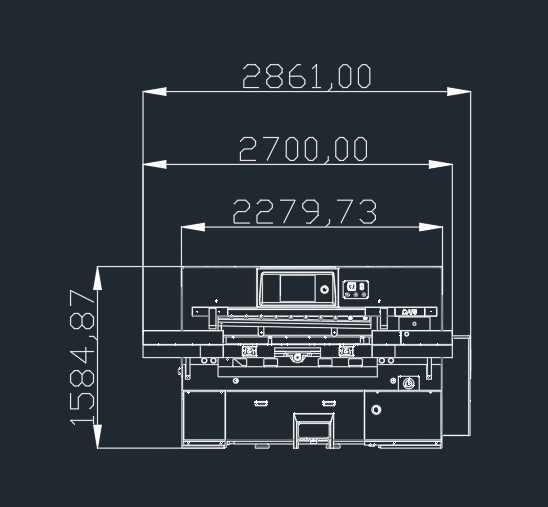 Technical drawing showing paper cutting machine dimensions and footprint specifications.