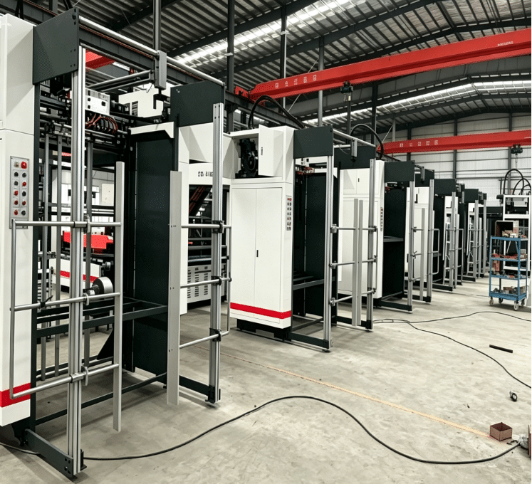 Several automatic laminating machines on an assembly line, showing their structural framework and control panels during the manufacturing process.