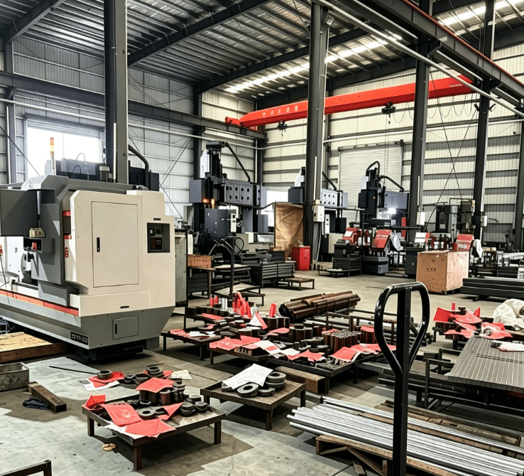 A hydraulic pallet truck in a heavy machinery workshop, surrounded by large-scale machining centers and metal parts.