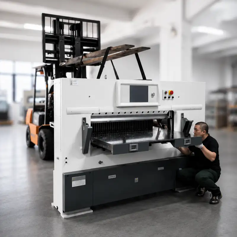 Heavy-duty industrial paper cutting machine installation using forklift, demonstrating massive build quality.