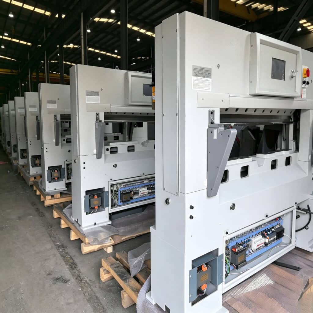 Row of automatic programmable hydraulic paper cutting machines with touchscreen control panels ready for industrial use