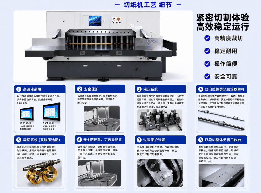 Infographic detailing the technology of a programmable paper cutter, highlighting high-precision cutting, hydraulic systems, safety features, and dual guide rails.