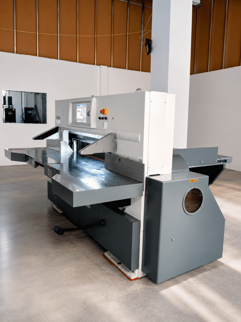 Modern fully automatic paper cutting machine with touchscreen control panel and safety sensors.