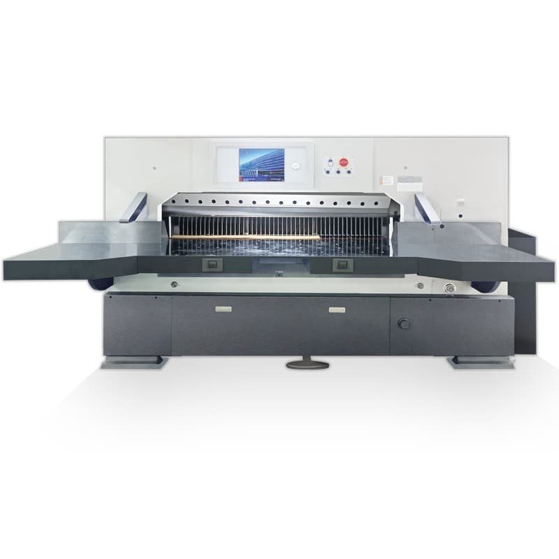 A modern, fully automatic programmable paper cutting machine with a high-definition touch screen for high-precision paper cutting.