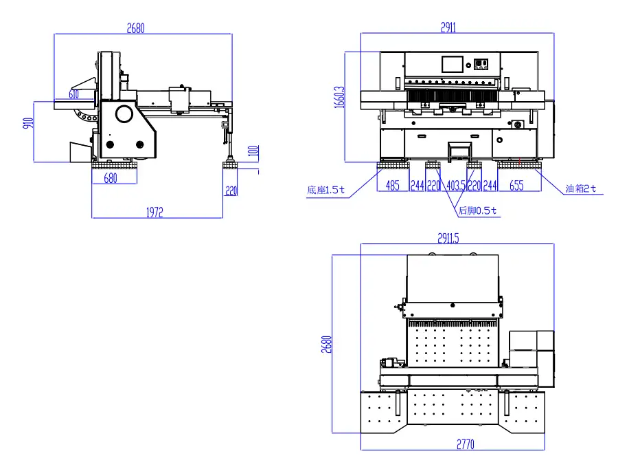 Technical dimension drawing of an automated paper cutting machine showing front, side, and top views with precise measurements for installation and layout planning.