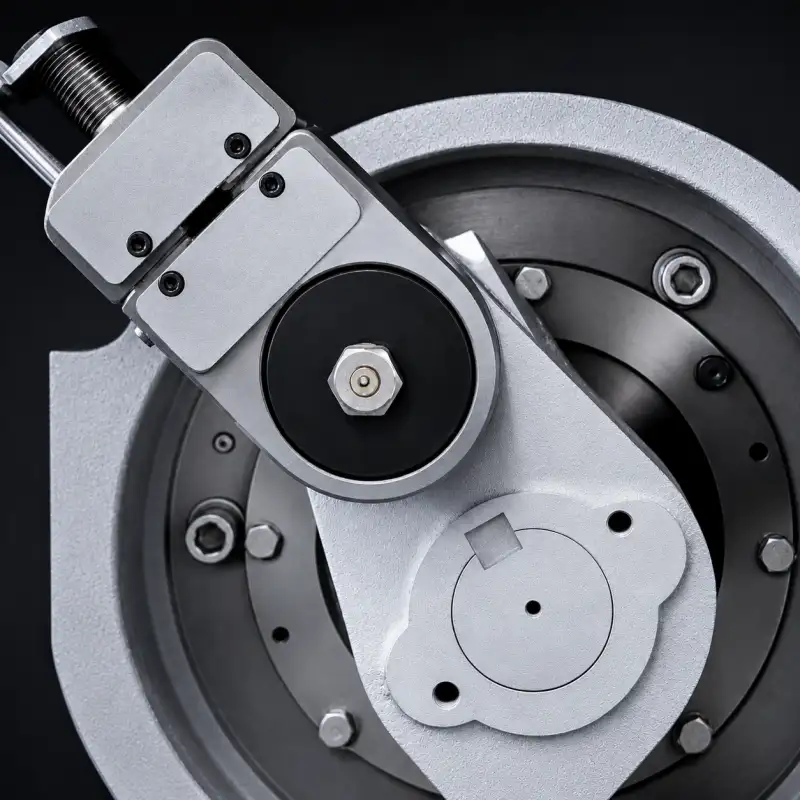 Close-up of precision paper cutting machine mechanical parts, hydraulic clamping and drive system.