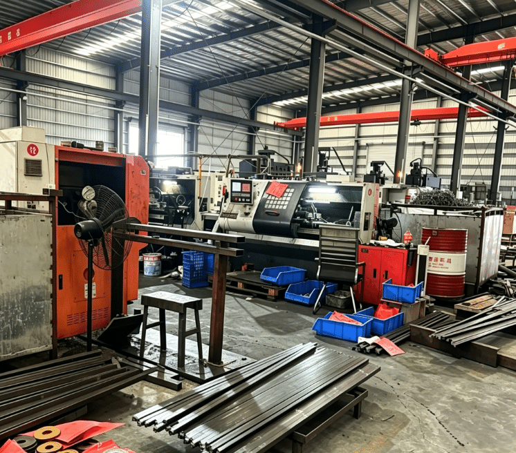 Inside the machining workshop with CNC machines, raw steel bars, and finished metal components for automatic laminating machines.