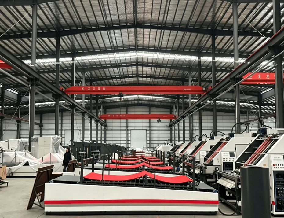 A wide shot of a factory floor showing a production line of newly manufactured automatic laminating machines ready for delivery.