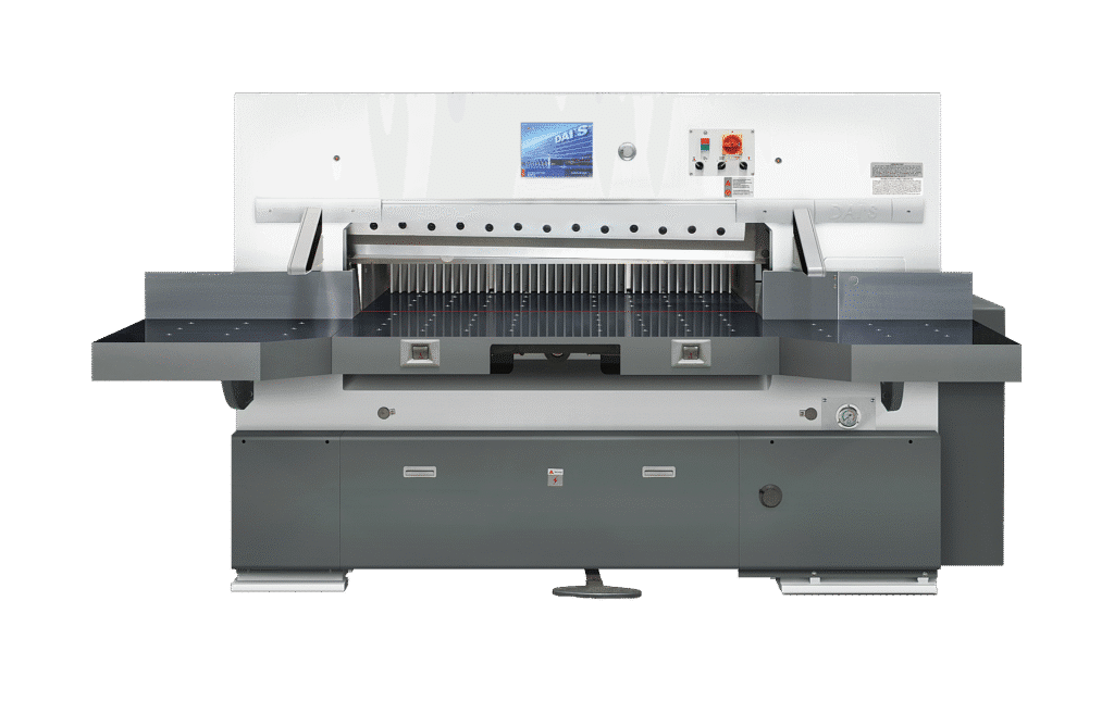 Programmable hydraulic paper cutting machine with touchscreen control, featuring precision back-gauge positioning for high-accuracy cutting.