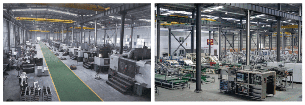 Large-scale manufacturing facility for paper cutting machines, showcasing the production line and assembly of industrial guillotine cutters and automated systems.