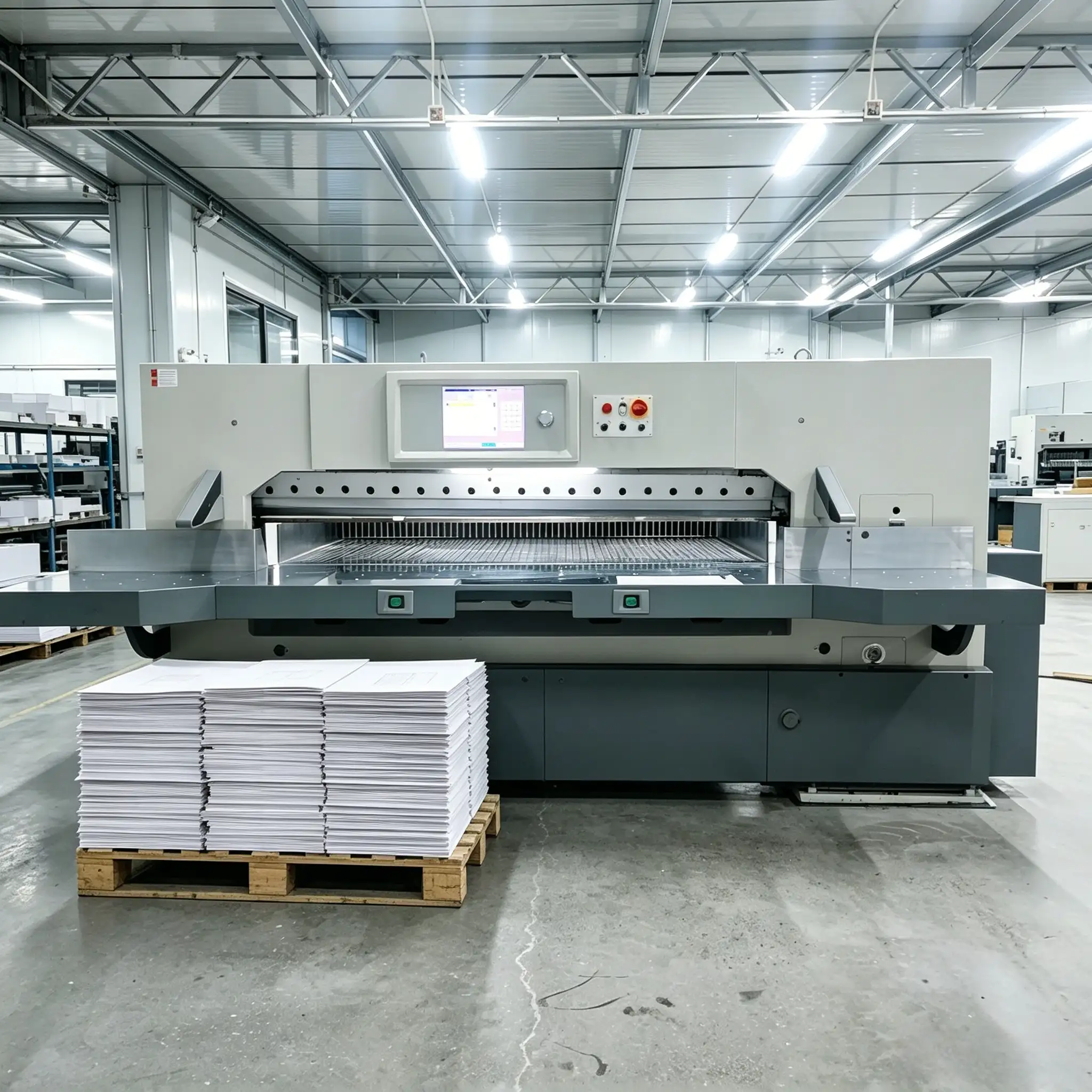 Modern servo-driven paper cutting machine in an automated printing facility