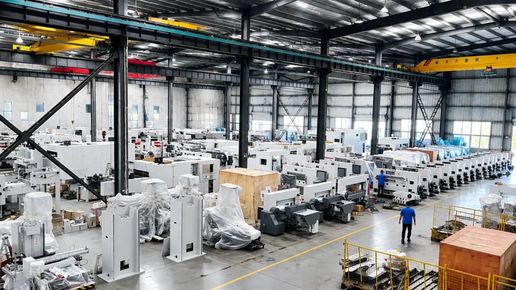 Assembly workshop of automatic hot stamping machine showing large-scale industrial production line and machinery installation