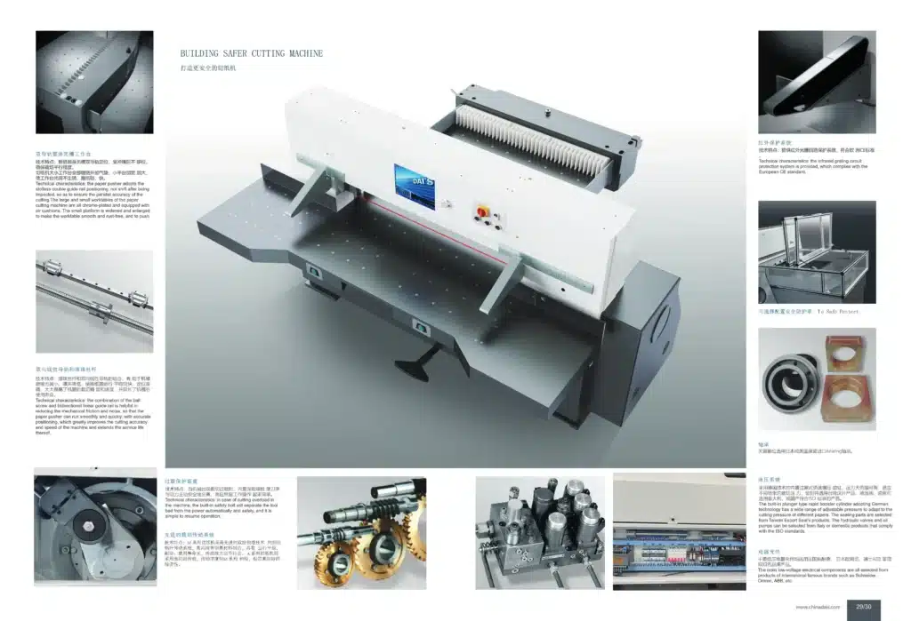 Technical diagram illustrating key components of a hydraulic paper cutter including servo valves, bearings, and safety guards