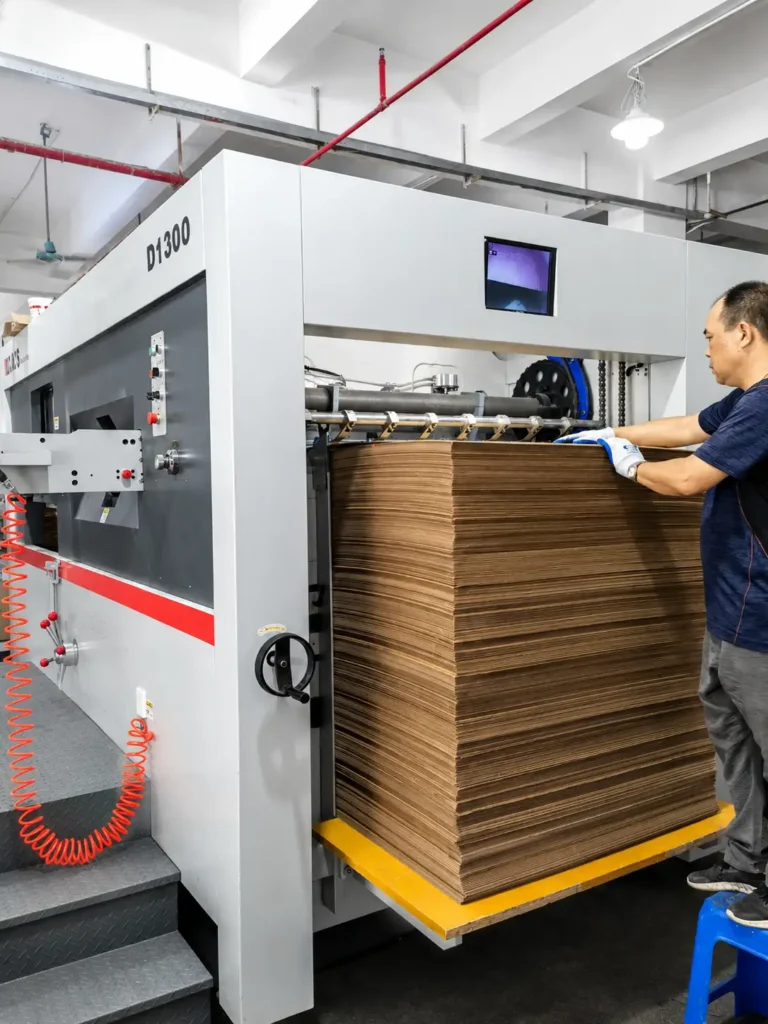 Worker loading corrugated board into DAIS D1300 servo die-cutter for high-volume packaging production