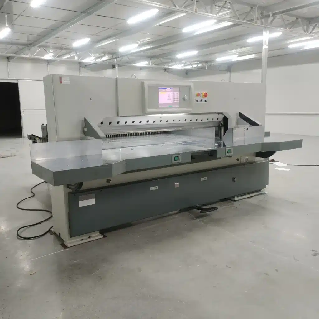 Full side view of industrial paper cutting machine showing robust frame structure and worktable design for long-term stability