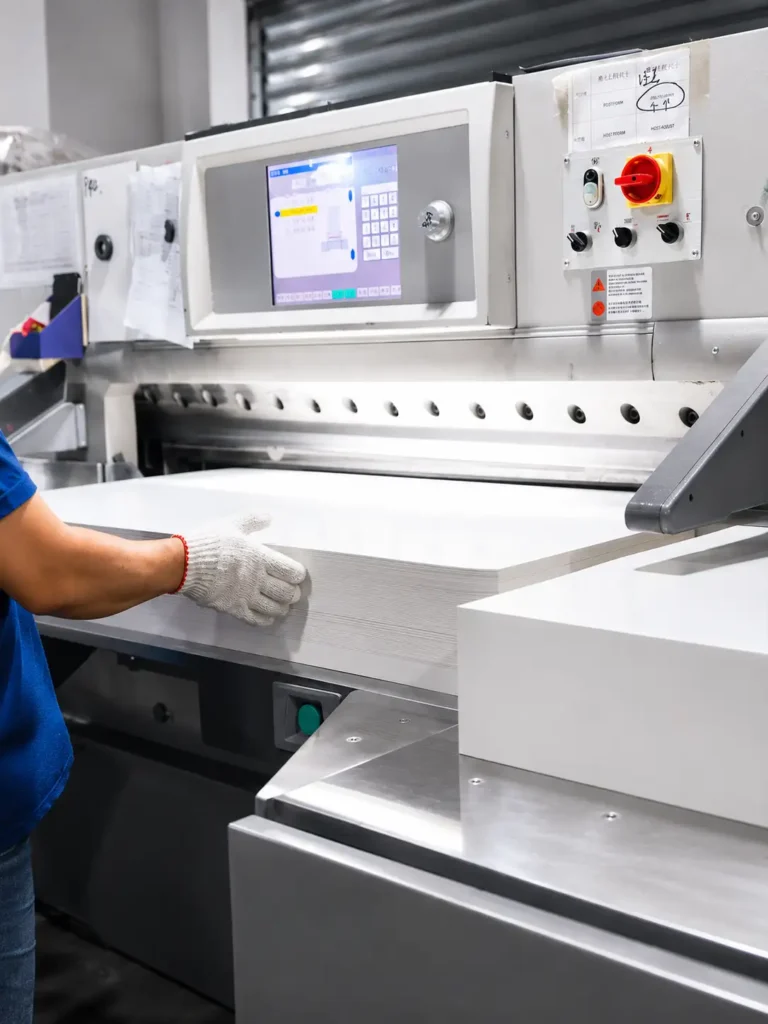 Operator handling paper stack at DAIS servo-driven cutting machine for high-precision packaging production