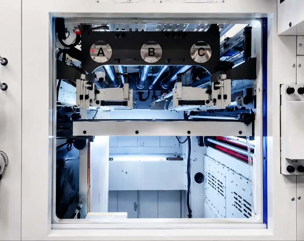 Hot foil stamping section of automatic machine showing heating system, foil transfer mechanism and stamping die assembly