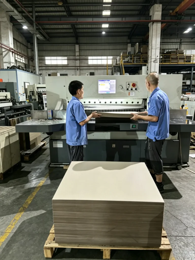 Operators loading paper stacks into a servo-driven cutter with digital interface