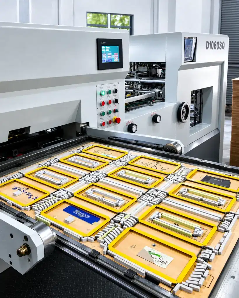 DAI'S D1060SQ automatic die cutting machine with multiple wooden dies loaded for batch production of folding cartons