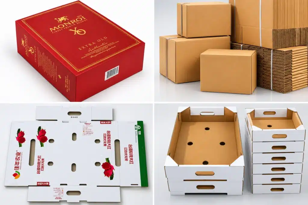 Examples of finished die-cut products: luxury wine box, standard corrugated mailer, fruit display box, and assembled cardboard container