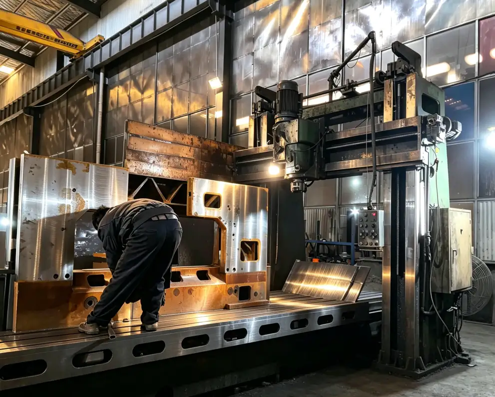 Heavy-duty paper cutting machine assembly in factory showing mechanical components prone to wear