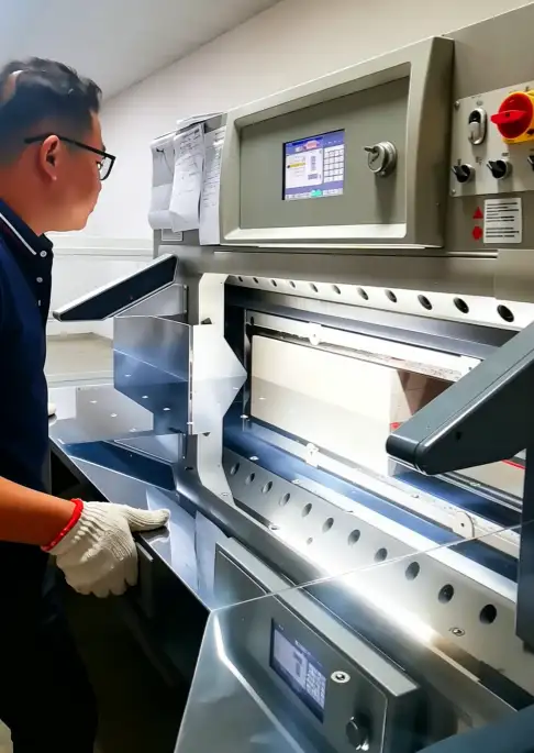 Technician inspecting control panel and blade area of a servo-driven paper cutting machine