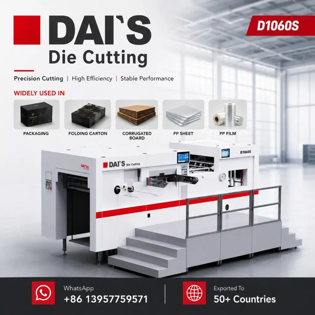 Promotional poster for DAI'S D1060S die cutting machine highlighting compatibility with packaging, folding carton, corrugated board, PP sheet, and film