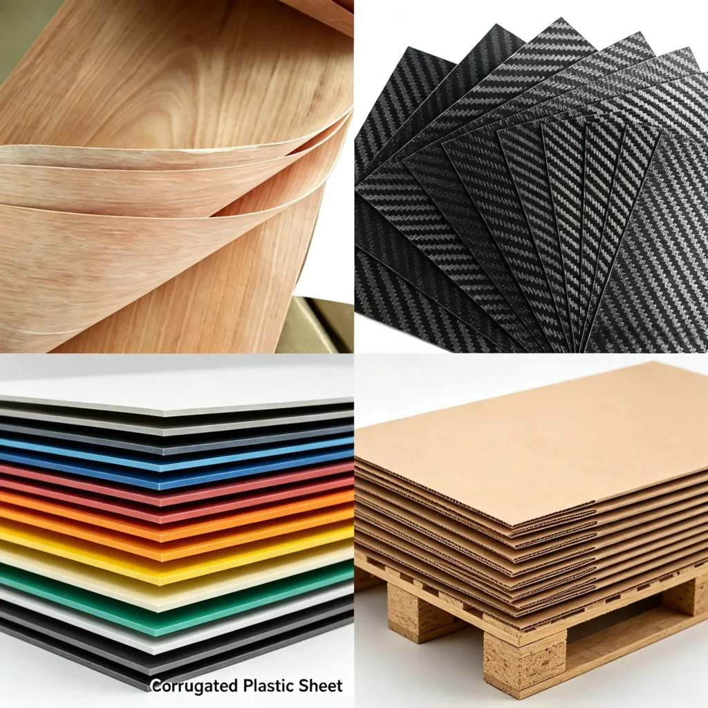 Diverse substrates including wood veneer, carbon fiber, plastic sheets, and corrugated board suitable for servo cutting