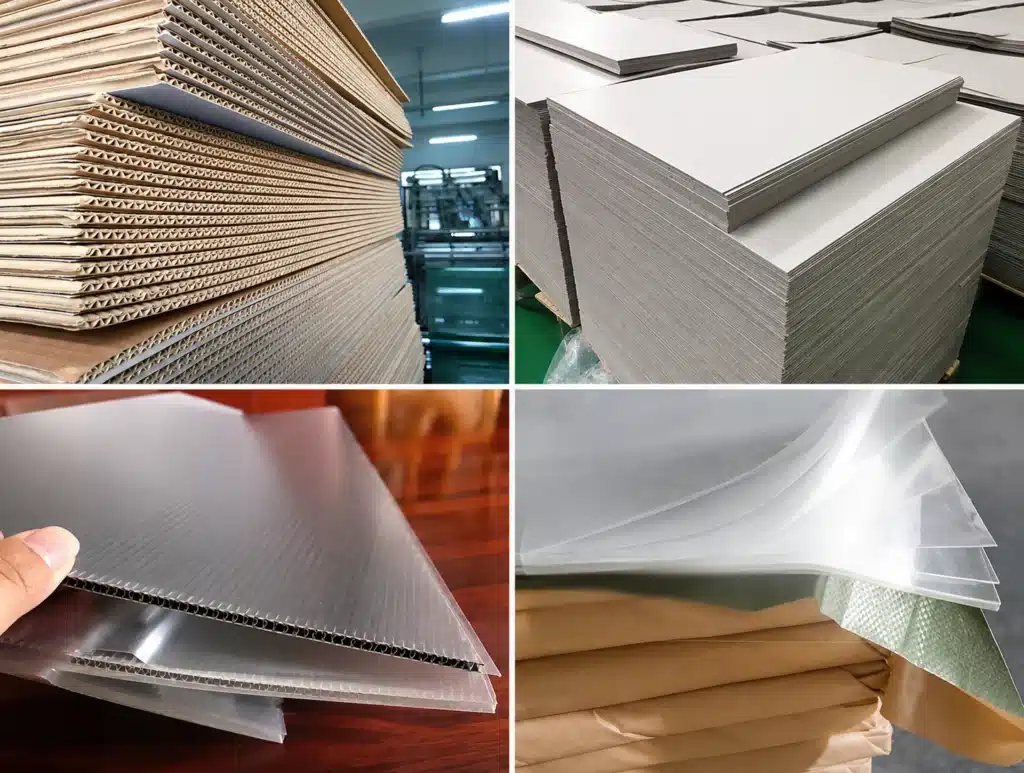 Comparison of common die cutting materials: corrugated board, greyboard, PP hollow sheet, and bubble wrap