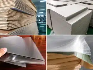 Comparison of common die cutting materials: corrugated board, greyboard, PP hollow sheet, and bubble wrap