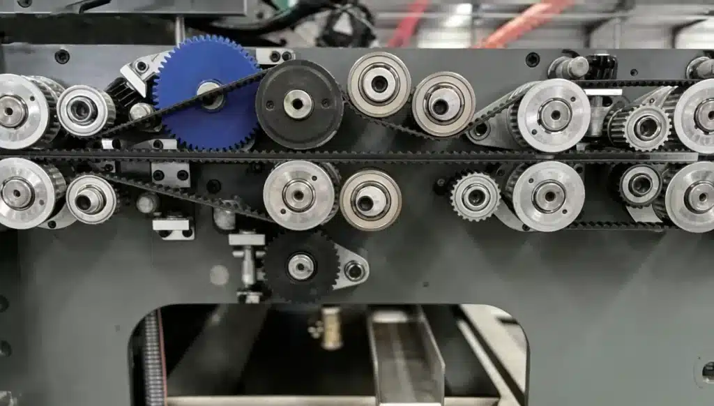 Close-up of servo-driven transmission system with gears and timing belts in DAIS die-cutter