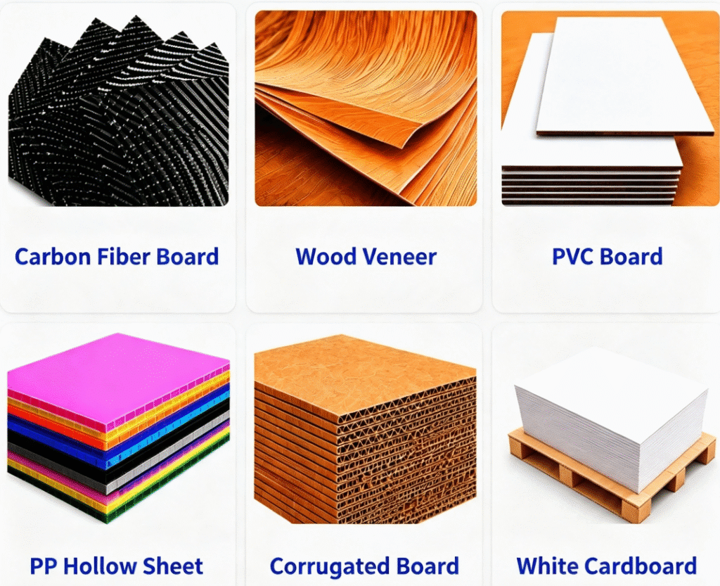 Automatic paper cutting machine for cutting various materials including cardboard, PVC board, PP sheet and carbon fiber board