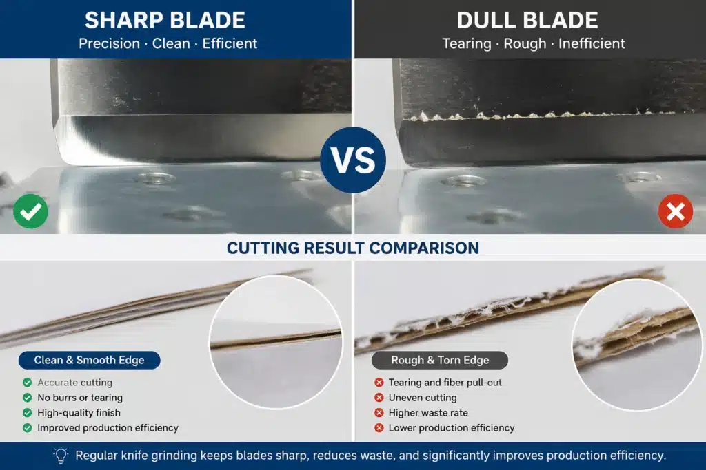 Sharp blade vs dull blade comparison showing cutting quality and production efficiency difference