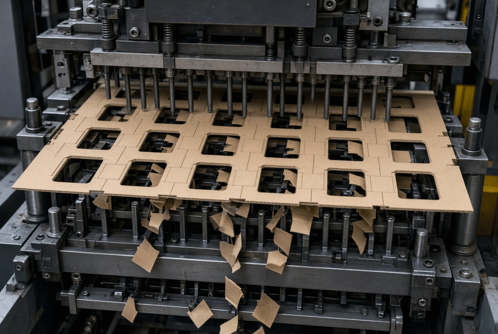 Close view of a die-cut folding-carton sheet in a stripping station showing upper and lower stripping tools removing internal window waste and perimeter skeleton while finished blanks remain on the sheet