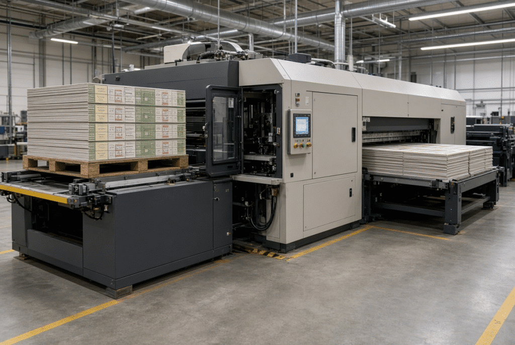 Automatic flatbed die cutting machine in 1060 mm format feeding and cutting printed paperboard sheets for folding carton production in a packaging factory
