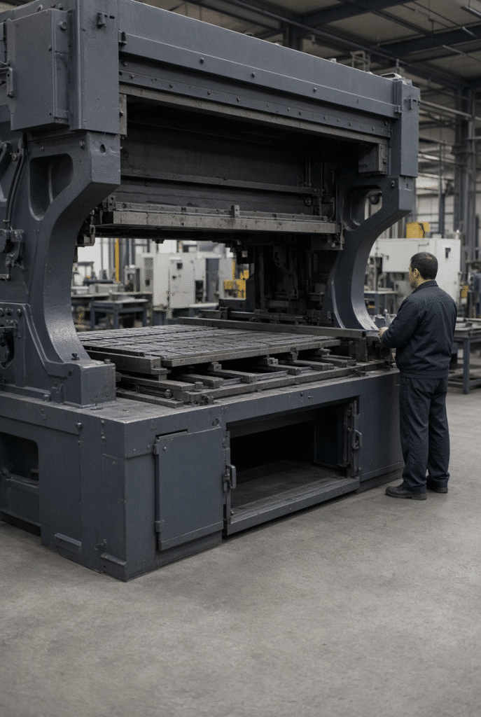 Heavy cast frame and platen of 1060-format automatic flatbed die cutting machine showing industrial scale