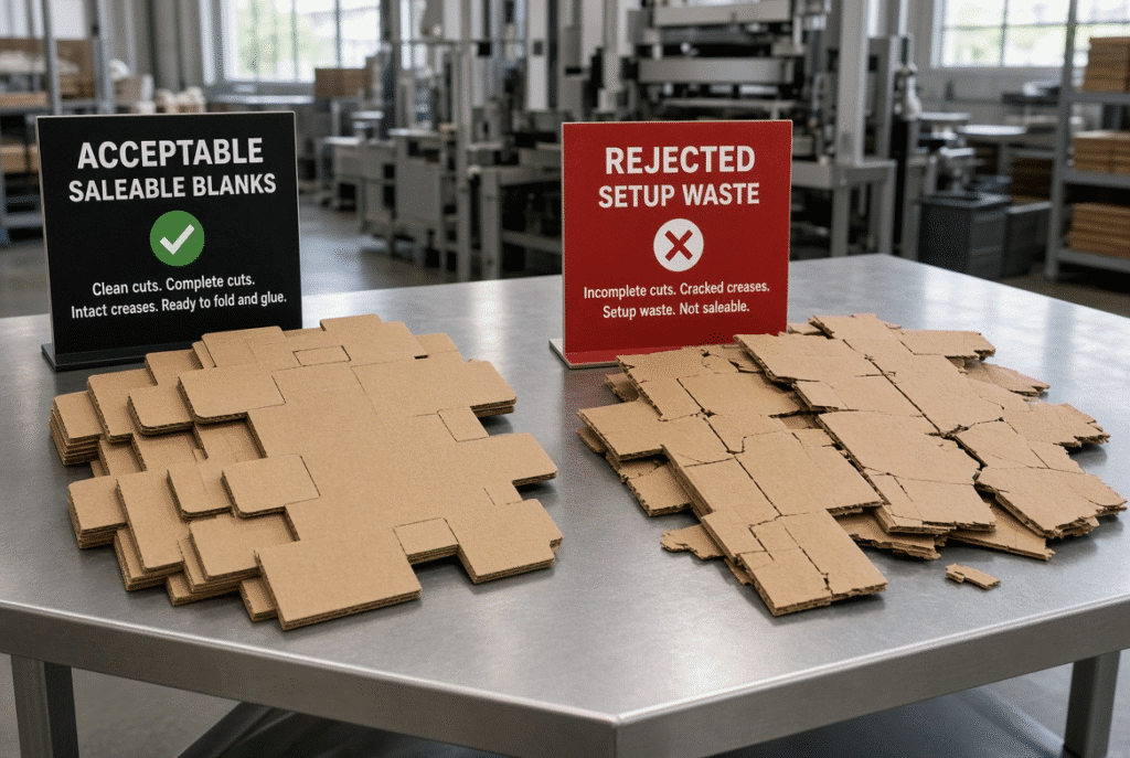 Comparison of saleable die-cut carton blanks next to setup waste and rejected sheets with incomplete cuts and cracked creases