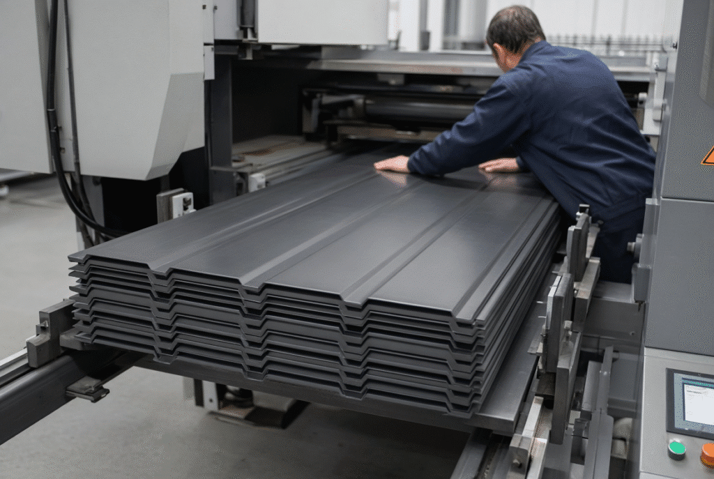 Well-aligned finished sheet pile on the delivery table of an automatic platen die-cutting machine with side guides and operator inspection