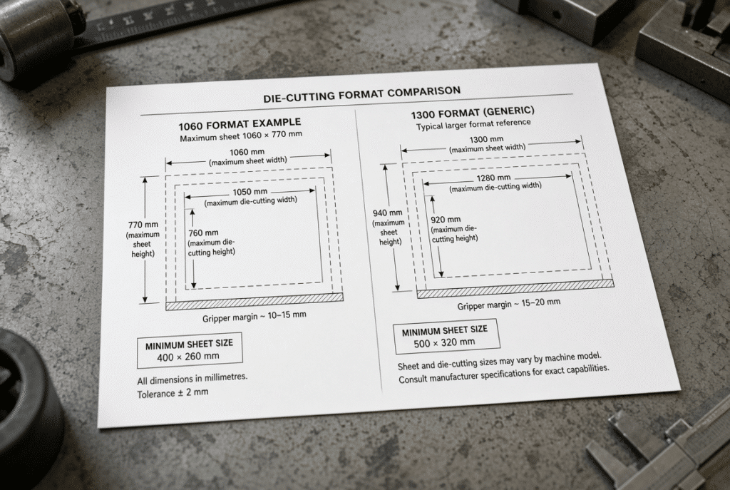 Technical illustration comparing maximum sheet size, maximum die-cutting size, gripper margin and minimum sheet size for 1060-format and typical 1300-format die cutting machines used in packaging production