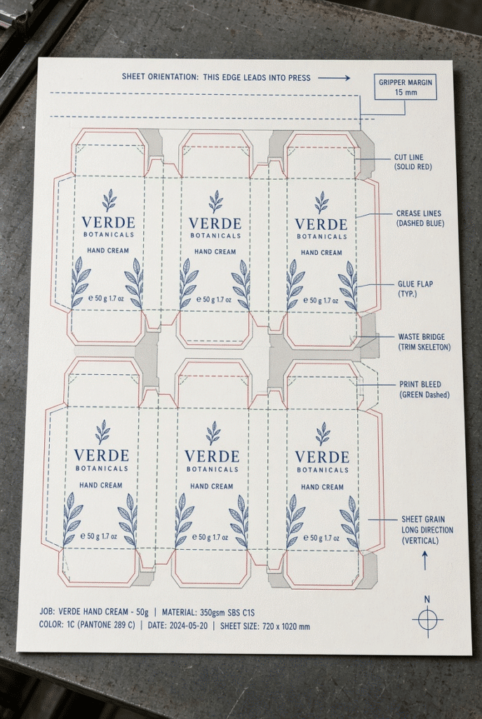 Real production-sheet dieline showing cut lines, crease lines, glue flaps, waste bridges, bleed, and gripper margin for folding carton die cutting