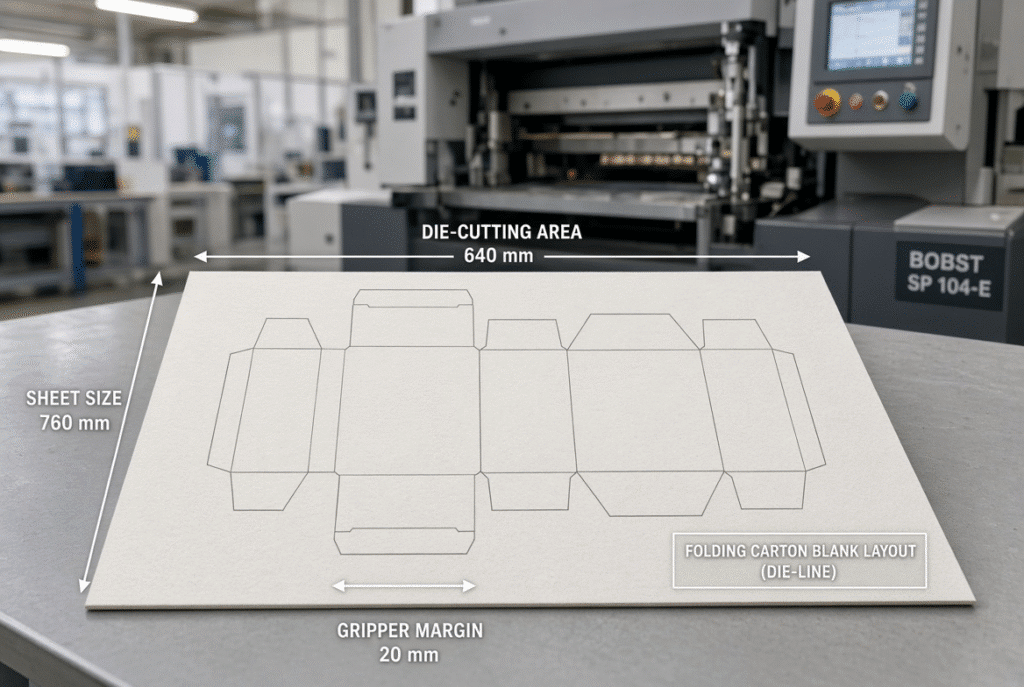 Paperboard sheet with labeled sheet size, die-cutting area and gripper margin next to an automatic platen die-cutting machine in a packaging plant