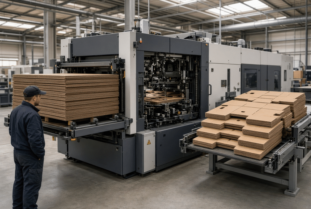 Industrial automatic die cutting machine feeding and cutting thick corrugated packaging sheets with finished blanks visible at delivery
