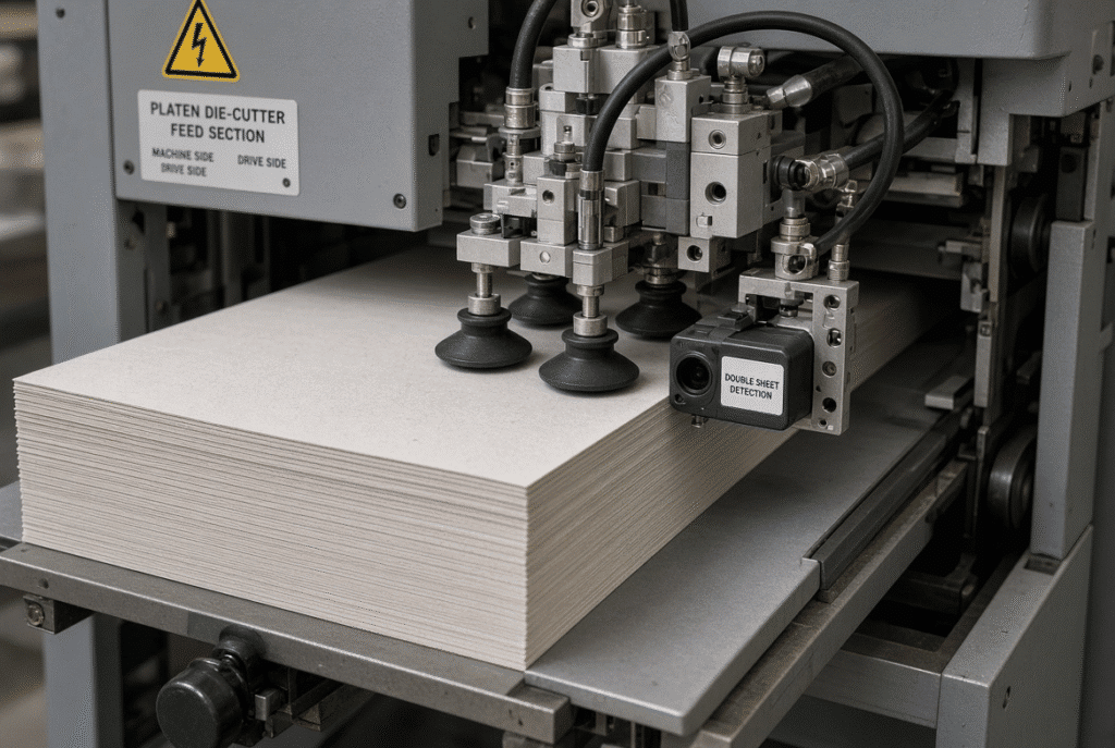 Close-up of automatic feeder head, paperboard pile and double-sheet detection sensor on a platen die-cutting machine