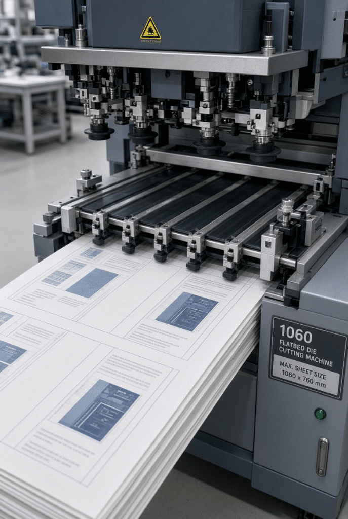 Close-up of automatic feeder heads, transport belts and front-side registration system on a 1060mm automatic flatbed die cutting machine handling printed paperboard