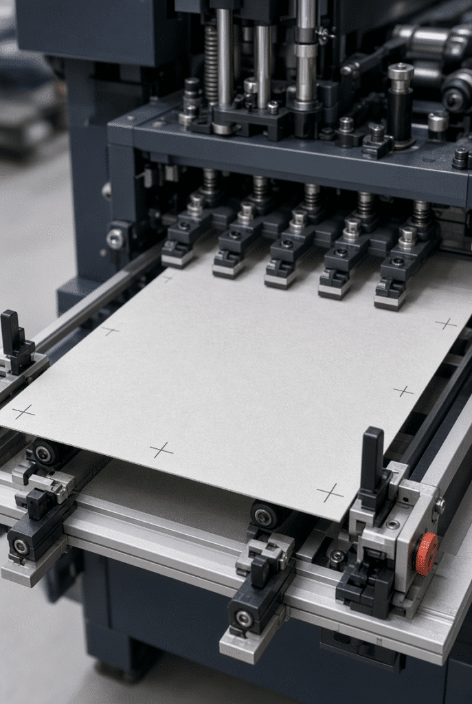 Close-up of automatic feeder and front-side lay system handling printed cartonboard sheets for accurate print-to-die registration